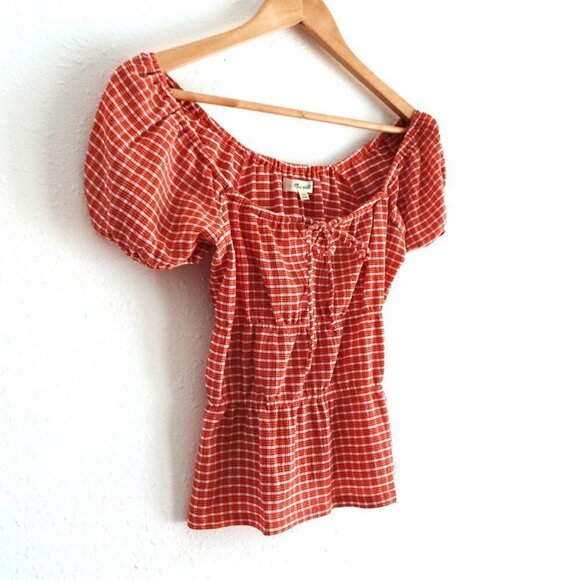 Madewell Omaha Tiered Top Women's Size XS Orange Gingham Square Neck - Picture 5 of 8